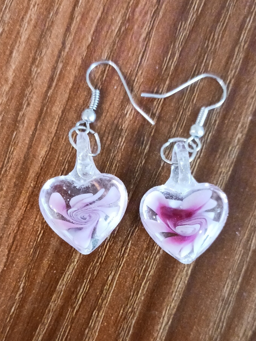 Source Unknown Pink Glass Heart Drop Earrings